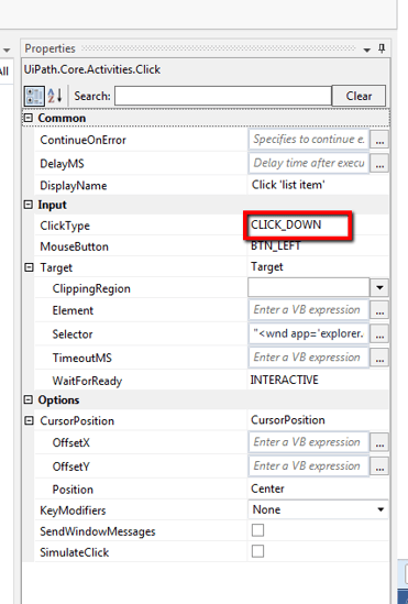"Click" Action properties